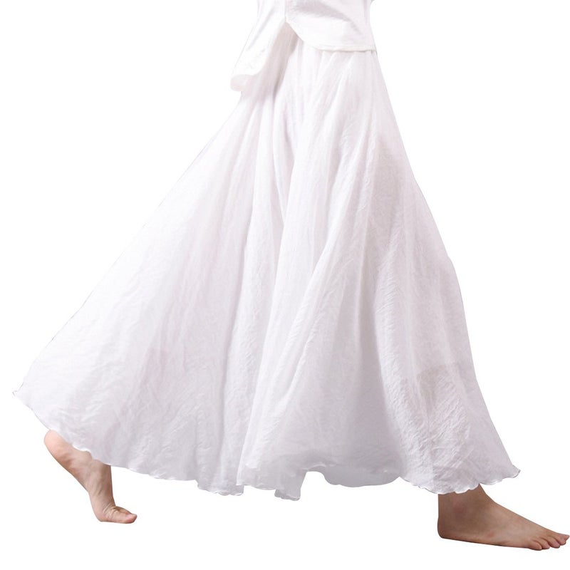 Kafeimali Women Bohemian Cotton Linen Double Layer Elastic Waist Long Maxi Skirt (White, 85CM-Length) - Image 1